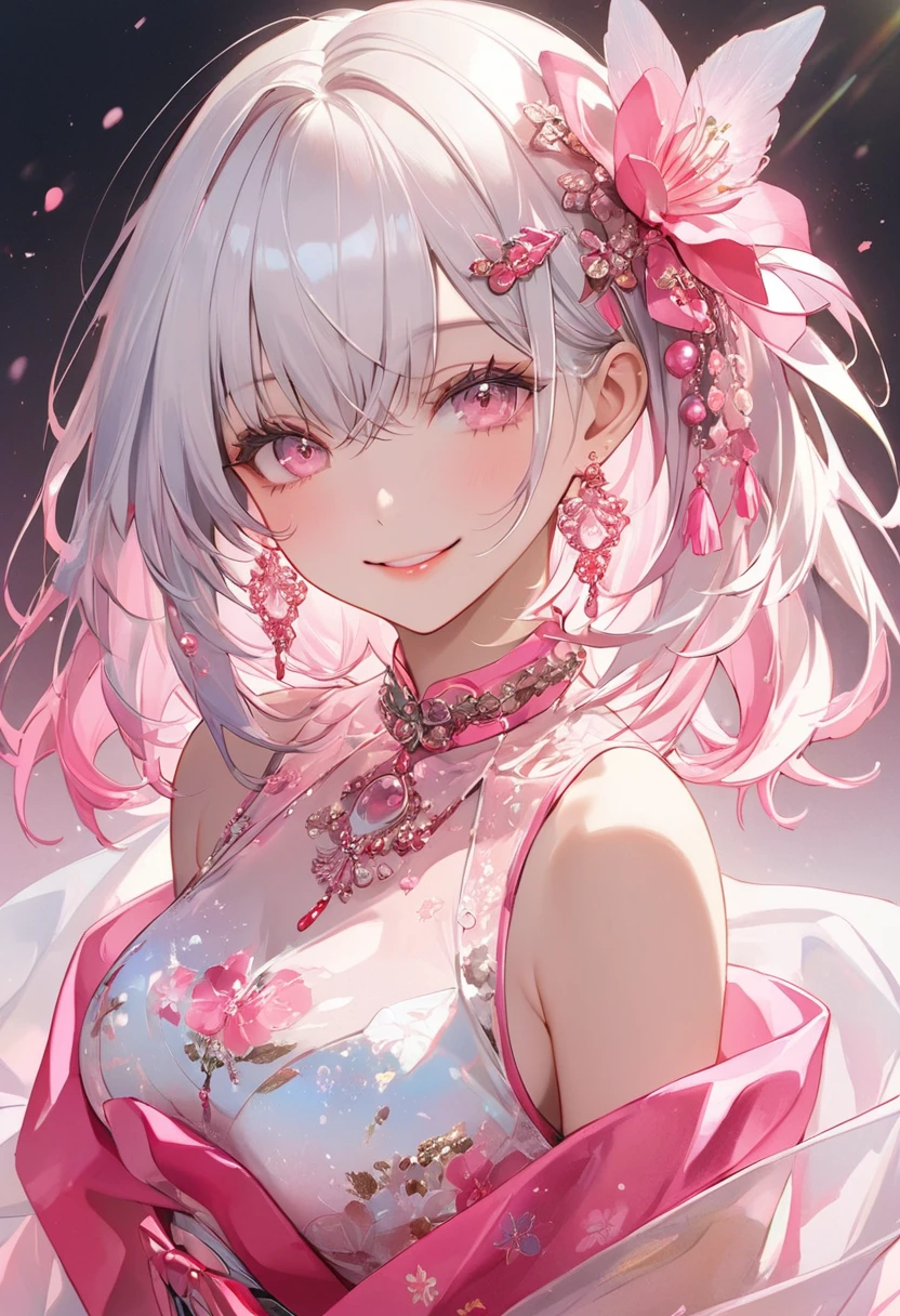 (Transparent pink theme art),(Highest quality),(masterpiece),(1 girl),(alone),Delicately painted face,She had a beautiful face.,Beautifully detailed transparent pink eye,Beautiful detailed transparent pink tatami fashion,((Transparent costume)),(Beautiful silky white hair:1.3),pastelpink ribbon hair ornament,Pure white skin,Beautiful transparent illustrations,Beautiful smile,Front face,Cowboy Shot,Transparent atmosphere,Transparent color,Soft gradient,pastel,Lens flare,Brush strokes,Transparent pink particles,Lens flare, Large Breasts,