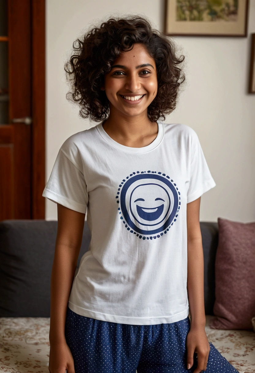 a woman with a smile on her face, indian girl with brown skin, dark short curly hair smiling, she is posing for the camera in her living room, wearing comfortable pajama bottoms and an oversized tshirt, no makeup, nerd, geek, entire body visible, full body, hyperrealistic, best quality, 8K, real human skin, masterpiece, extremely intricate, medium closeup