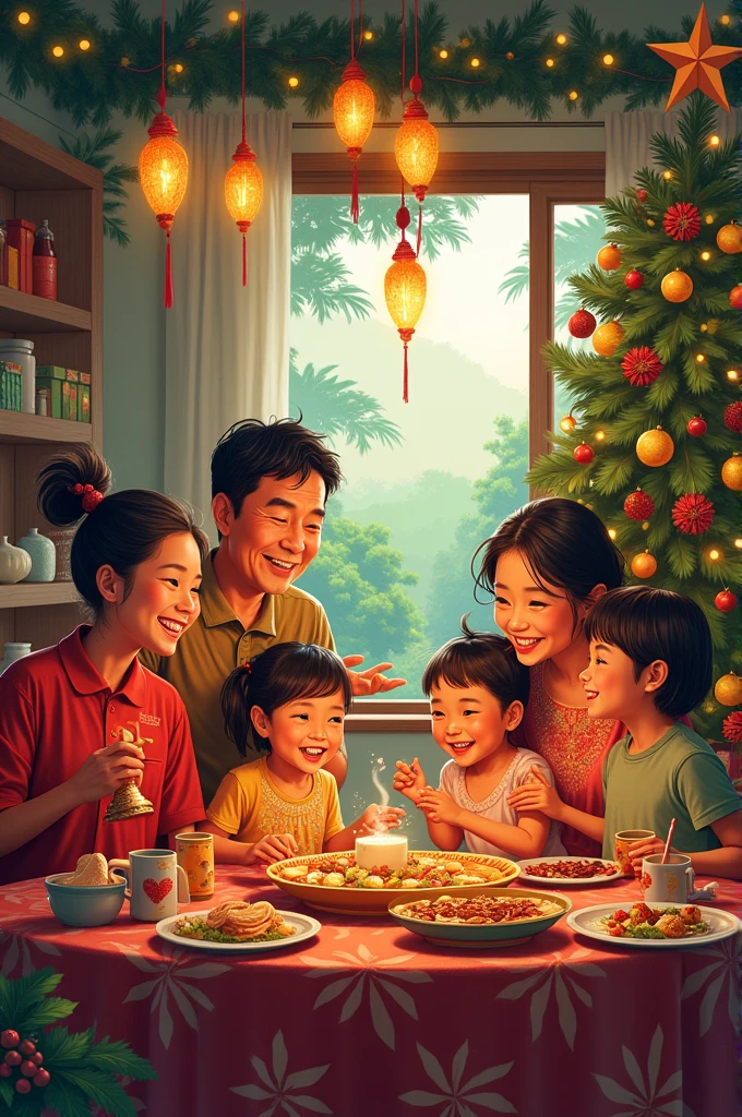 make me a sketch about a filipino family celebrating christmas with the 8 aspects of culture