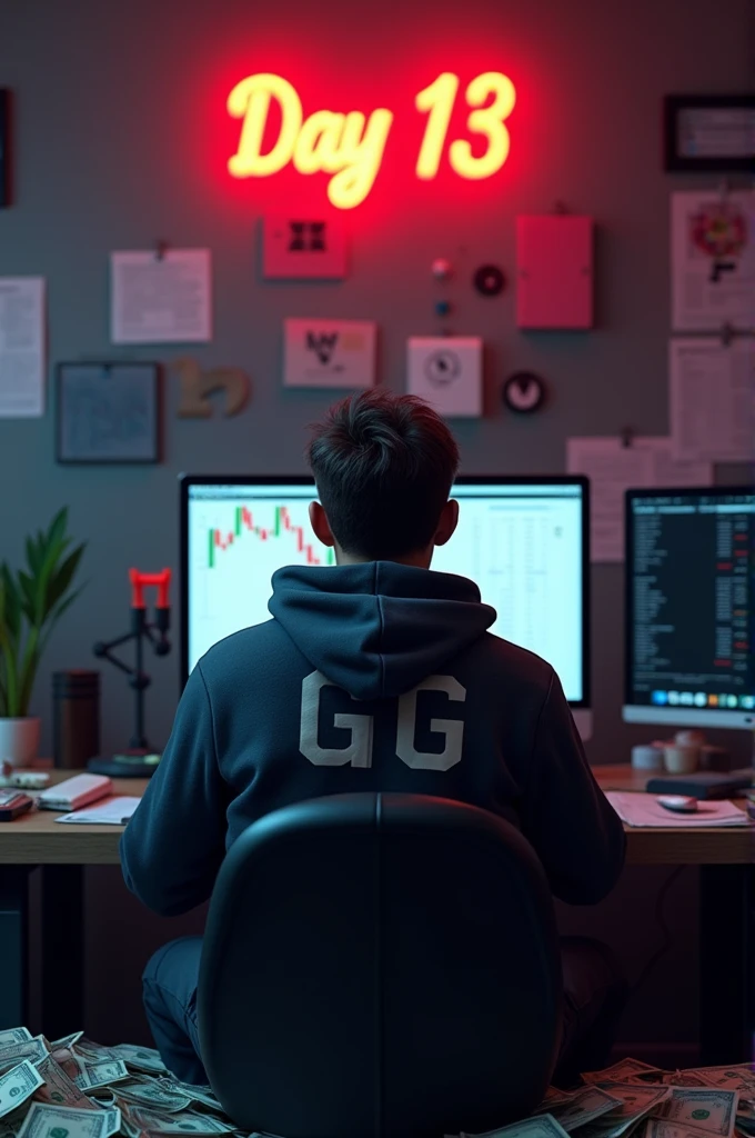 Create a 3d image of a man sitting in trading room on money and working on trading application on his pc the boy face not visible must hoodie and his name "GG" written on the hoodie. Pic from back side pc monitor visible. And wall up side corner "Day 13" written on red neon light. Imege size 9:16 hd