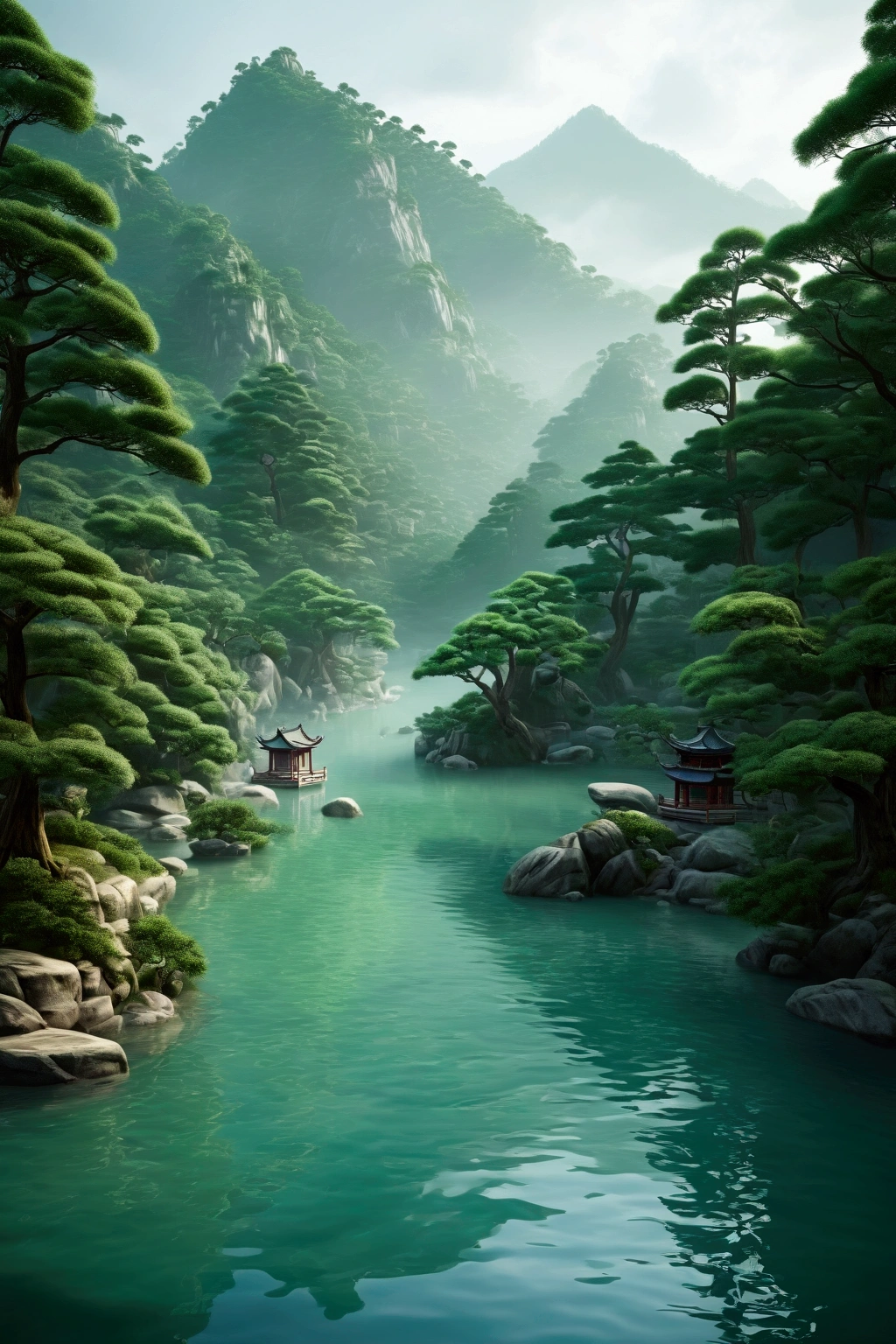 "Create a digital artwork that embodies the essence of Taoism, peace, and harmony, deeply rooted in Chinese culture. The scene should be set in a tranquil, natural environment, such as a misty mountain landscape with flowing rivers and ancient pine trees. A traditional Chinese temple or pagoda should be nestled harmoniously within the landscape. Incorporate Taoist symbols, like the Yin-Yang, subtly into the scenery, perhaps in the patterns of the clouds or water. The image should evoke a sense of balance and serenity, with soft, natural colors like jade green, soft gold, and gentle blues. Traditional Chinese elements, such as a scholar meditating or practicing Tai Chi near the water, should be included to enhance the cultural depth. The overall mood should be peaceful and reflective, inviting viewers to feel the calm and balance central to Taoist philosophy."