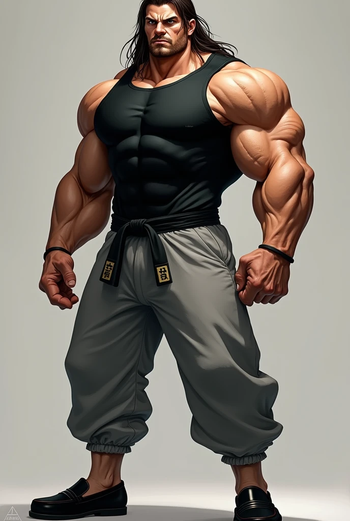 tall, very broad muscular martial artist with long dark-brown hair, he is wearing a black top, grey sweatpants and black loafers