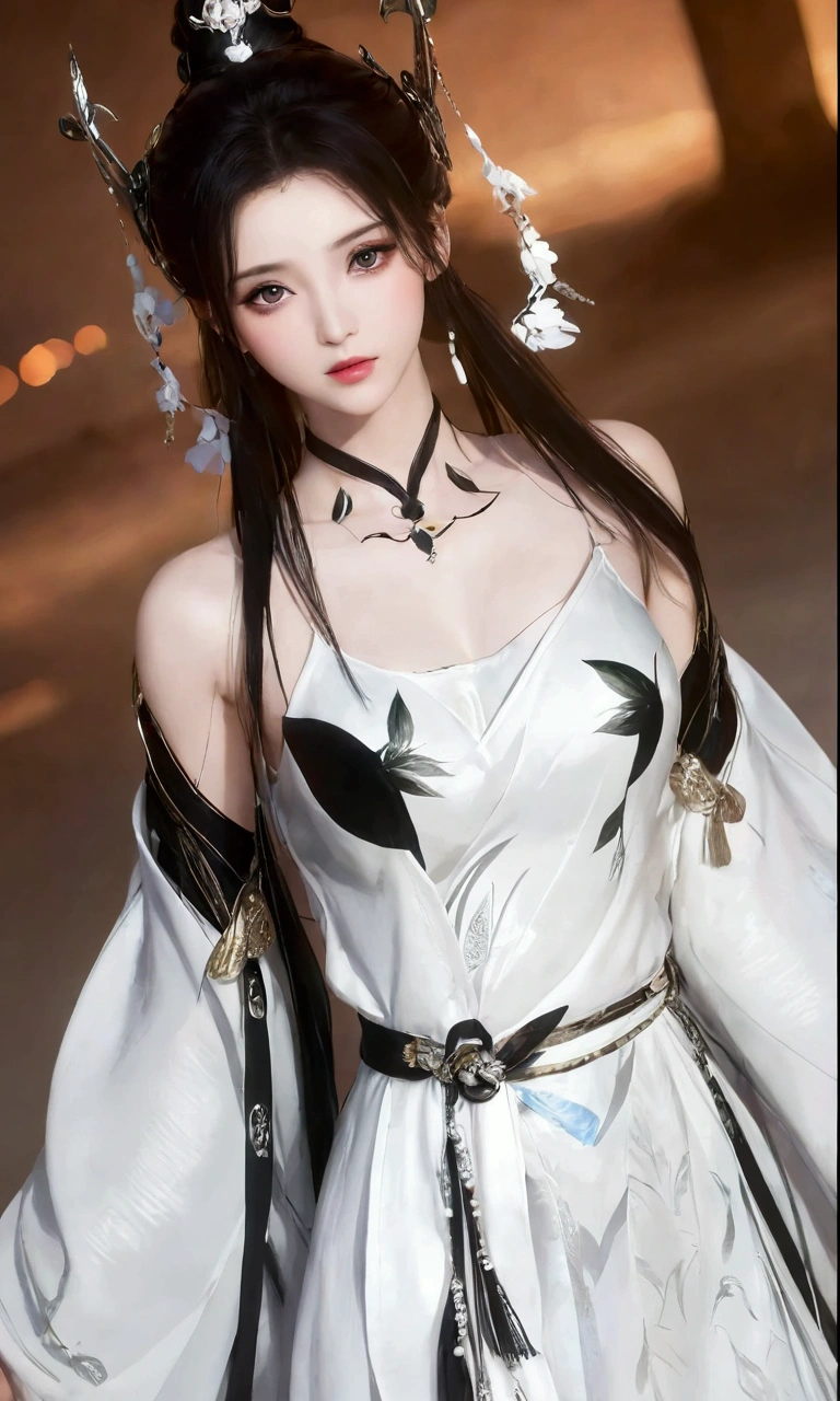 (best qualtiy,tmasterpiece:1.2),Ultra-high resolution,realisticlying,Front lighting,Complicated details,Exquisitedetailsandtextures,(1girll),solo,The upper part of the body,Black and white Hanfu,bamboo leaves pattern,Nice big eyes,Black and white dress,Bamboo leaf decoration,beauitful face,facing to audience,Streamers,gossamer,(young),Facial highlights,Detail Make,tear-mole,white skinned,Silvery hair,High ponytail,looking at viewert,largeeyes,Silk Hanfu,(Openwork pattern,Black and white silk),耳Nipple Ring,slimfigure,white backgrounid,correct hand,profesional lighting,Photon Mapping,Radio City,physically-based renderingt