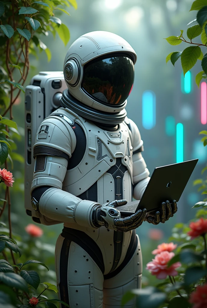 Create a hyper-realistic image of an astronaut in a powerful, contemplative pose. The astronaut must be wearing a detailed spacesuit, with meticulously crafted textures and emphasis on metal parts and material folds. In your hands, he must be holding a futuristic laptop. Lighting should create deep shadows and highlights, highlighting the shape and complexity of both the spacesuit and the computer. Around the astronaut, insert a lush natural environment, with thick green vines and vibrant flowers in the background, gently wrapping parts of the spacesuit.
Add a touch of modernity to the backdrop with an immersive gaming bedroom, visible in the background, where elements such as colored LED lights and an ergonomic chair blend into the natural surroundings. The general atmosphere should be serene and slightly mystical., with soft natural light filtering through the foliage and interacting with the LED lights, giving a touch of life to the astronaut and the environment. The style must maintain detailed realism both in the spacesuit and on the computer., conveying a sense of grandeur and timelessness, while the fourth gamer adds a contemporary and technological dimension to the scene