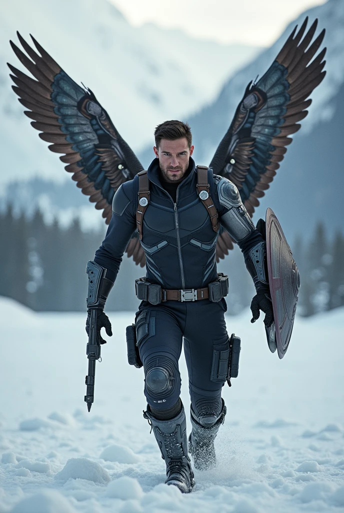 Winter Soldier + Falcon: A super-soldier with the ability to fly. The fusion could combine the Winter Soldier's metal arm and combat skills with Falcon's wings and aerial combat expertise. The metal arm could have retractable wings or shield technology