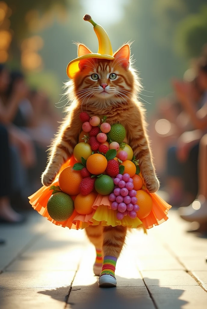 (photorealism:1.2), cute ginger cat, in banana hat, dress made of orange, grapes, dragonfruit, lychees and durians white shoes and colorful socks walk down the runway