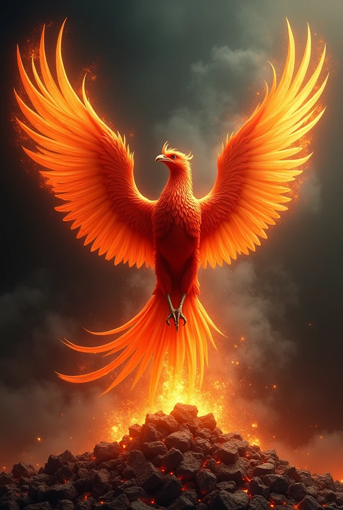 Rising from the Ashes: "A vibrant phoenix bursting into flight from a pile of ashes, its fiery wings spreading wide against a dark, smoky background, symbolizing rebirth and transformation. The phoenix's feathers glow with shades of red, orange, and gold, creating a striking contrast with the dark remnants of its past life below. This powerful image represents overcoming adversity and rising stronger from the challenges that once seemed insurmountable."