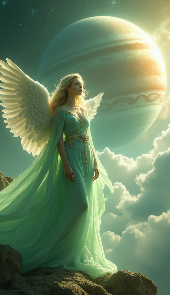 universe space, Jupiter in the background, Beautiful female angel, light green costume, whole body