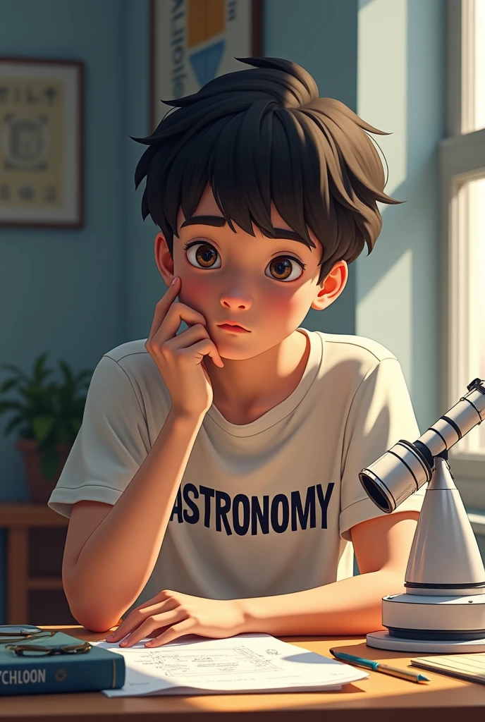 A boy sitting on chair who weared a t-shirt named Astronomy. His age about 17 years. He looks that he is thinking deeply. A white colour telescope on his table's corner. A book on the table named
" Psychology ". Some mathematical instruments on the table. The boy solving a trigonometry problem.