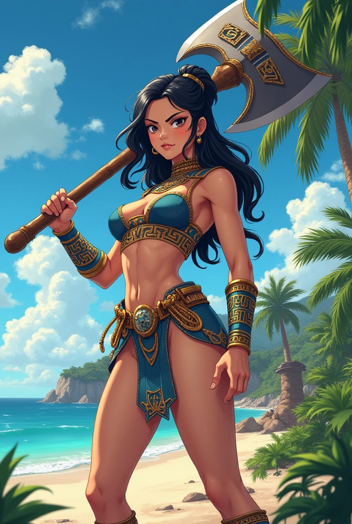 A woman holding an axe in an island costume, an anime image from the ancient Greek era.
