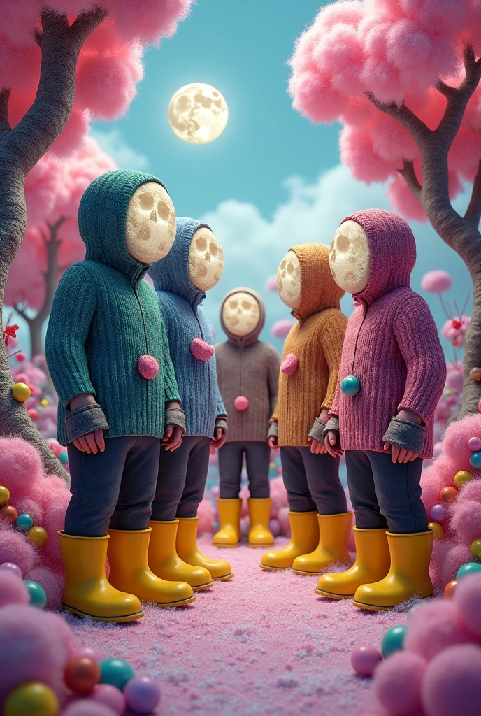 Vikings with moon for head wearing balaclava and yellow plastic galoshes in candy forest