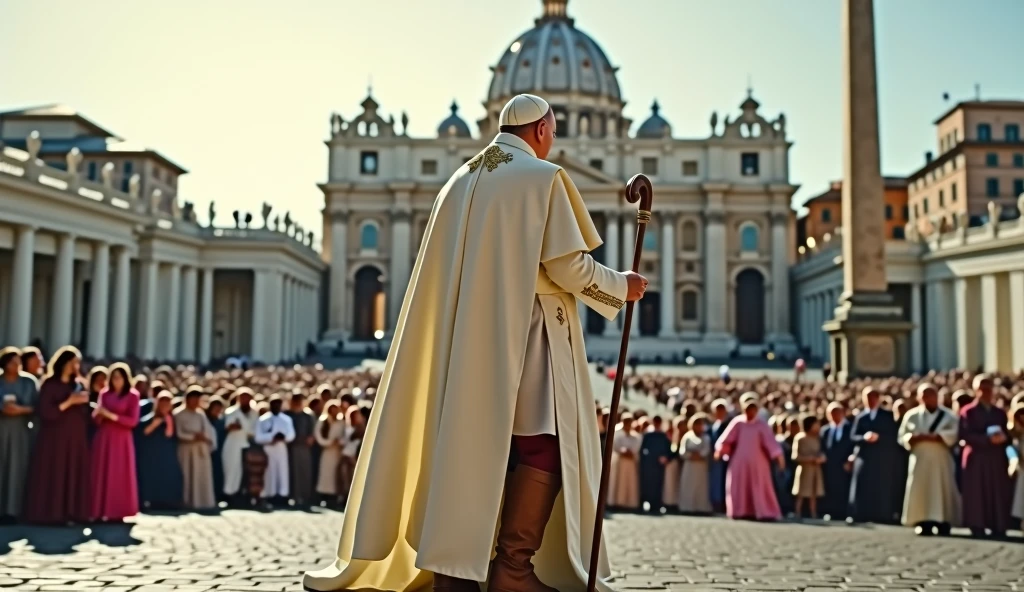 Scene set in St. Peter's Square in the Vatican. The focal point of this image is the Pope and the brown leather laceless, zippered, high-top boots that the Pope is wearing. The Pope wears a white robe with a mantle and holds a long papal staff. The backdrop is St. Peter's Square in the Vatican filled with people. The scene captures the moment of religious significance and the historical and artistic richness of St. Peter's Square. Ultrarealistic Ultrarealistic photo, 16k, ultra high resolution, photorealistic, Ultra HD