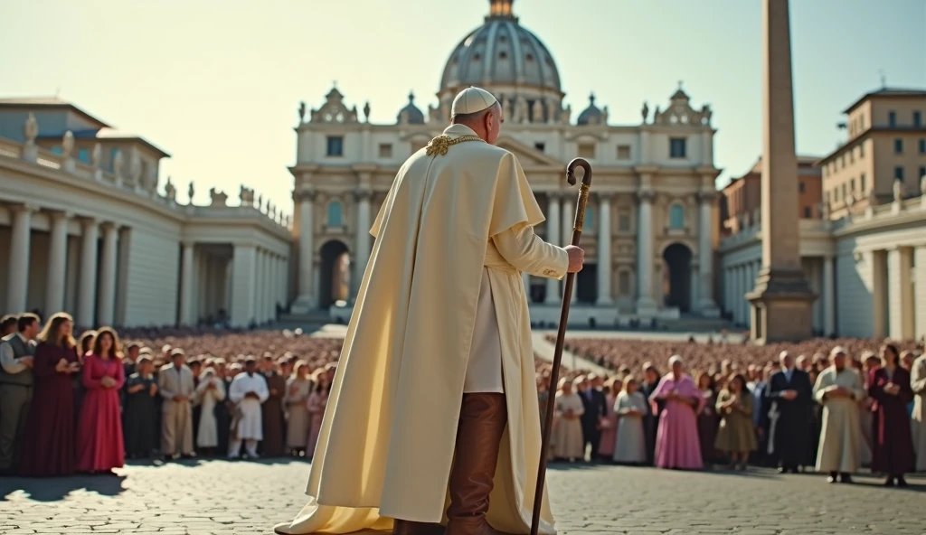 Scene set in St. Peter's Square in the Vatican. The focal point of this image is the Pope and the brown leather laceless, zippered, high-top boots that the Pope is wearing. The Pope wears a white robe with a mantle and holds a long papal staff. The backdrop is St. Peter's Square in the Vatican filled with people. The scene captures the moment of religious significance and the historical and artistic richness of St. Peter's Square. Ultrarealistic Ultrarealistic photo, 16k, ultra high resolution, photorealistic, Ultra HD