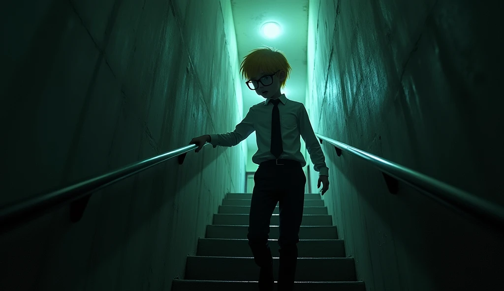 A surreal and eerie scene where Jab, a skinny boy with a distinct appearance. He has short, yellow hair that contrasts with his black-framed glasses. He’s dressed in a crisp white long-sleeved shirt, neatly tucked into black pants, with a black tie and polished black leather shoesis dreaming that he is walking up a dark, narrow staircase leading to his classroom. The staircase is dimly lit with shadows creeping along the walls, creating a spooky atmosphere. Jab’s hand is gripping the cold, metallic railing tightly as he ascends, his expression a mix of fear and uncertainty. The steps seem endless, and the environment feels unsettling, with an ominous darkness surrounding the staircase. The overall mood is tense and haunting, capturing the essence of a nightmare