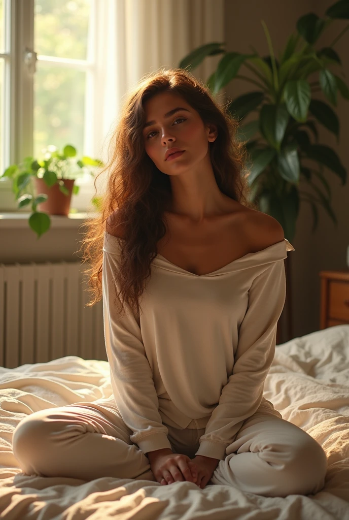 (photorealism:1.2), beautiful woman, sitting on bed, wearing loose off-shoulder top, pajama pants, long curly hair, indoors, soft lighting, plants in background, window with sunlight, cozy room, relaxed pose, realistic, intricate details, warm colors, by Greg Rutkowski, by Alphonse Mucha