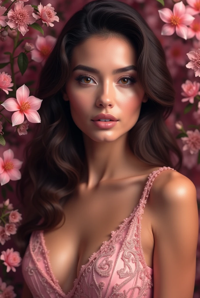 Create me a poster of a creative and attractive woman for launching new perfume in the market. The background needs to be dark pink and flowery