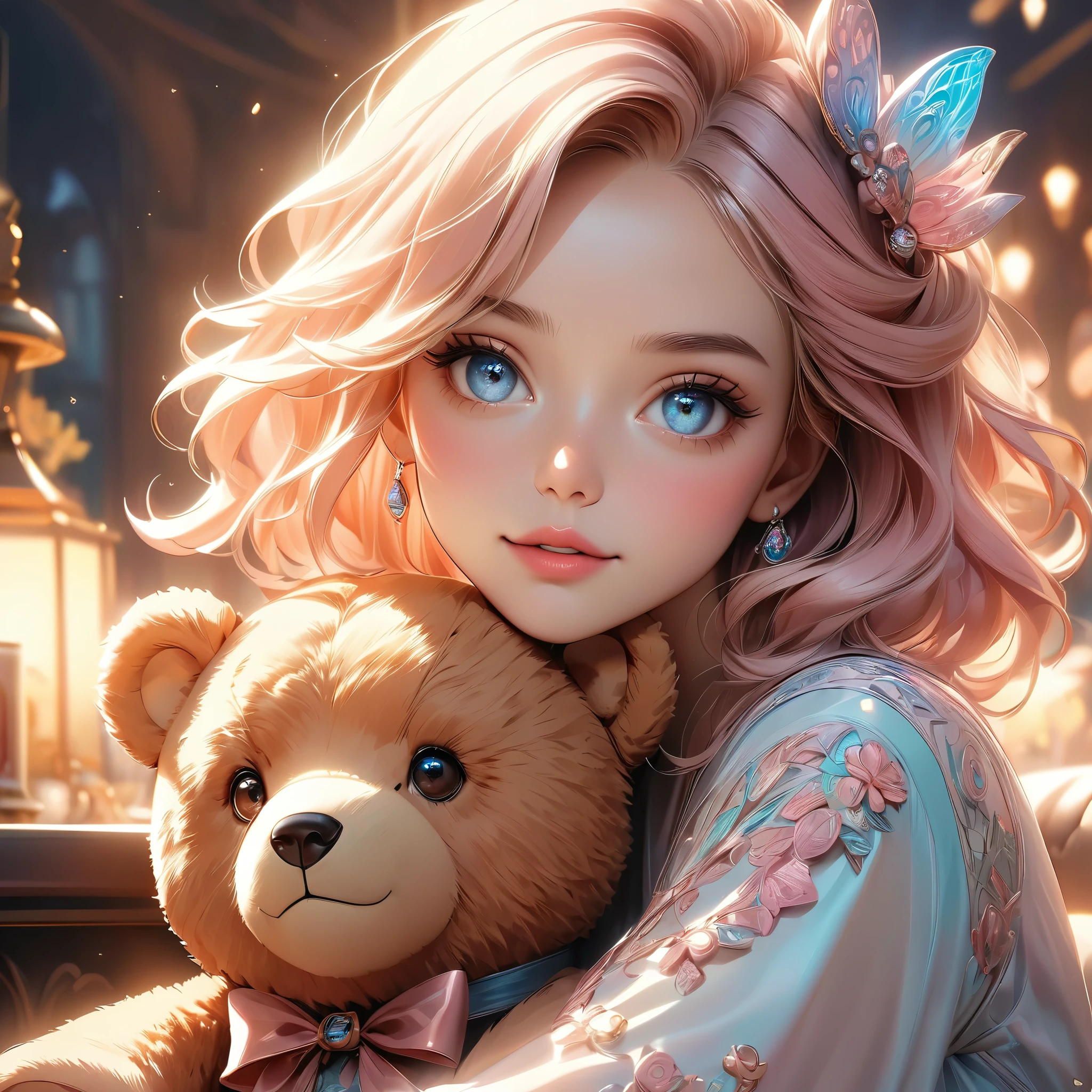 teddy bear plush,1girl,sitting with teddy bear,beautiful detailed eyes,beautiful detailed lips,extremely detailed face,long eyelashes,cute expression,soft warm lighting,warm pastel colors,elegant,whimsical,dreamy,intricate details,high quality,8k,photorealistic,cinematic,masterpiece,digital art
