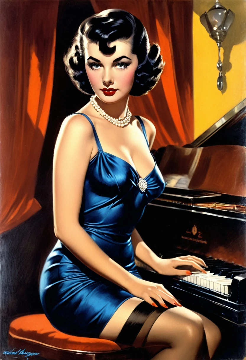 Rolf Armstrong, Margaret Brundage, Joseph Clement Coll Gil Ellvgren, Basil Gogos, Everett Raymond Kinstler, Mort Künstler., gritty, alabama bar, blue note, charismatic , wide eyes open, tiger skin mini dress, illustration, noir fantasy, lone lady, sad ending, pianist, pulp art, sensual curves, cleavage, vagina exposed, dinamic pose, left tit exposed