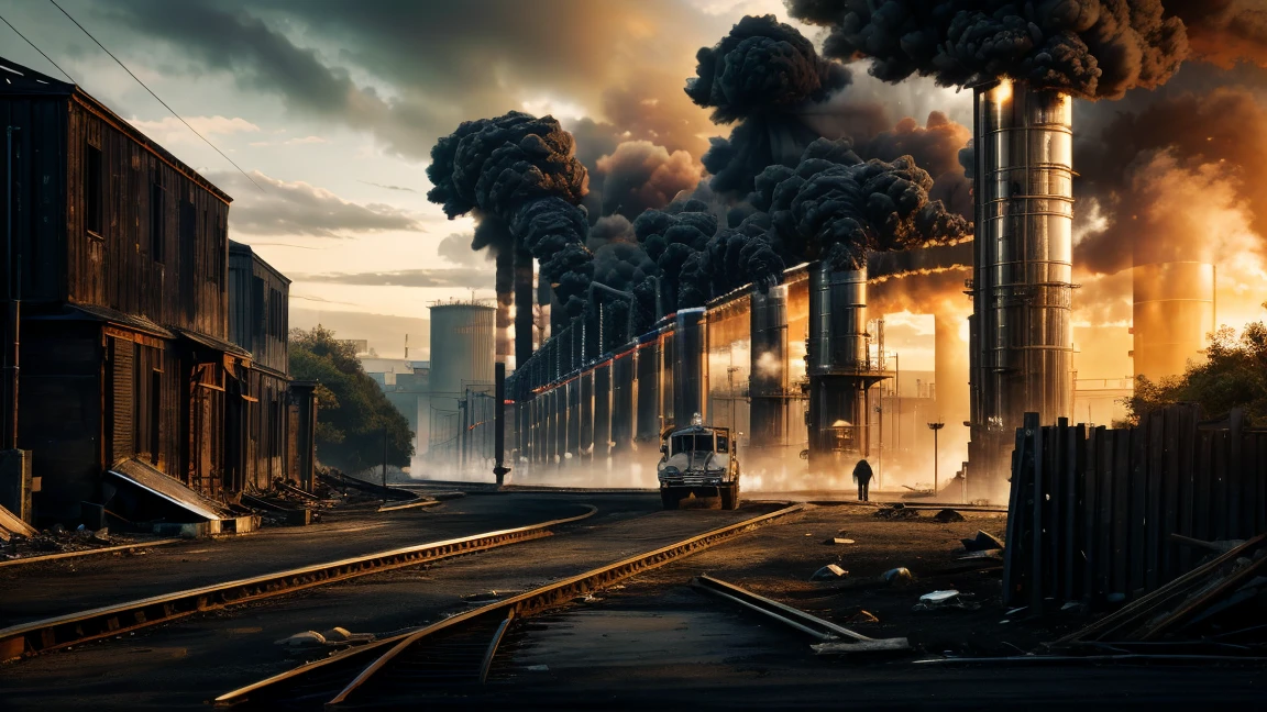 Generate a realistic photograph of the Industrial Revolution, focusing on a scene filled with multiple factories and smokestacks emitting heavy smoke and soot. The background should be dominated by large industrial buildings, while the foreground features small, poorly constructed houses representing the living conditions of the workers. The atmosphere should feel gritty and dense, with the air thick from the pollution, reflecting the harsh realities of that era