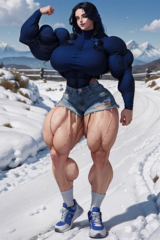 (Close-up), tall, (royal blue hair), beautiful muscular woman, long curly wavy hair, pale white skinned, (black lipstick), closed smile, ((massive muscles)), (hyper muscles), (ginormous bulky muscles), white eyes, ((long sleeve royal blue turtleneck sweater and denim shorts)), sneakers, choker, sneakers, (in snowy hills)