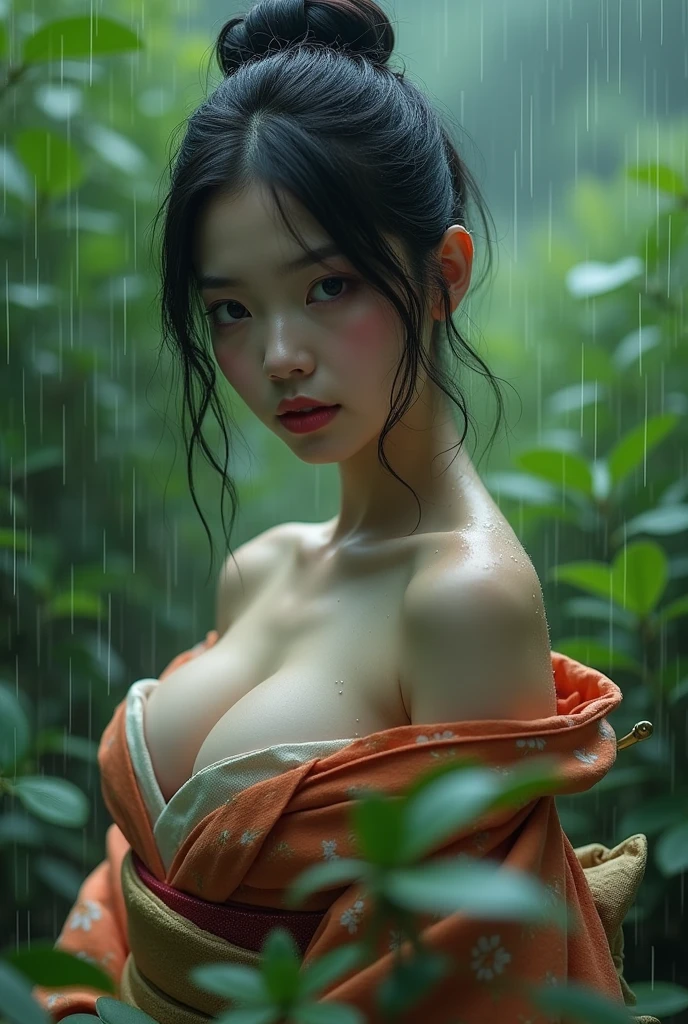 A Japanese woman languishing in the rain、Beauty、kimono、kimono、Large Breasts、valley、sexy、Cute face、30 years old
