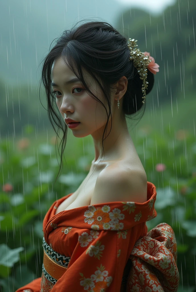 A Japanese woman languishing in the rain、Beauty、kimono、kimono、Large Breasts、valley、sexy、Cute face、30 years old