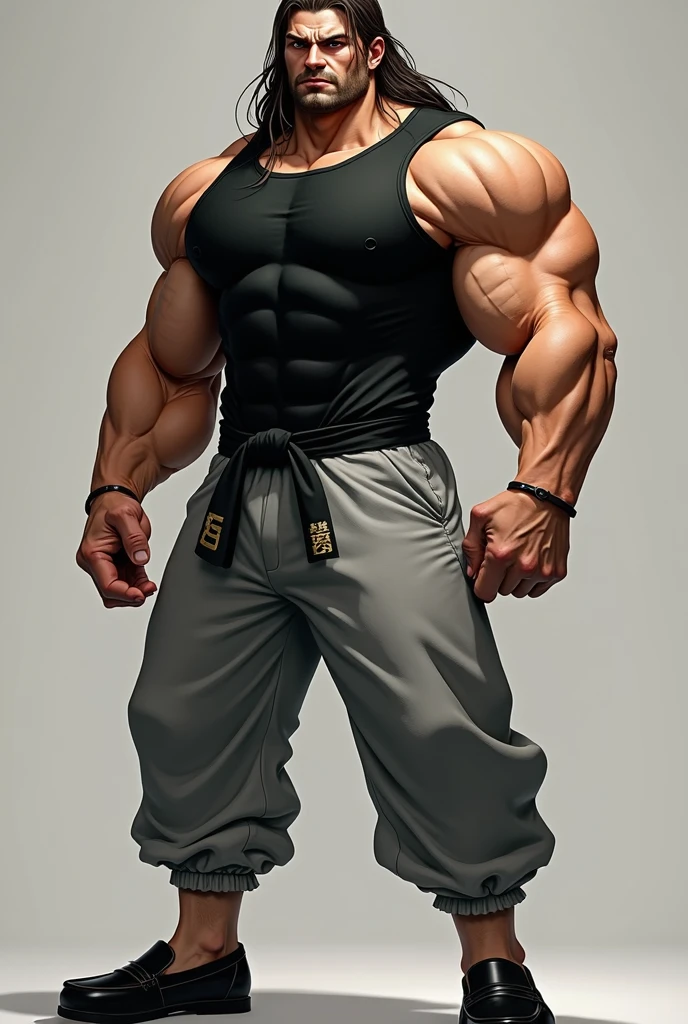 tall, very broad muscular martial artist with long dark-brown hair, he is wearing a black top, grey sweatpants and black loafers