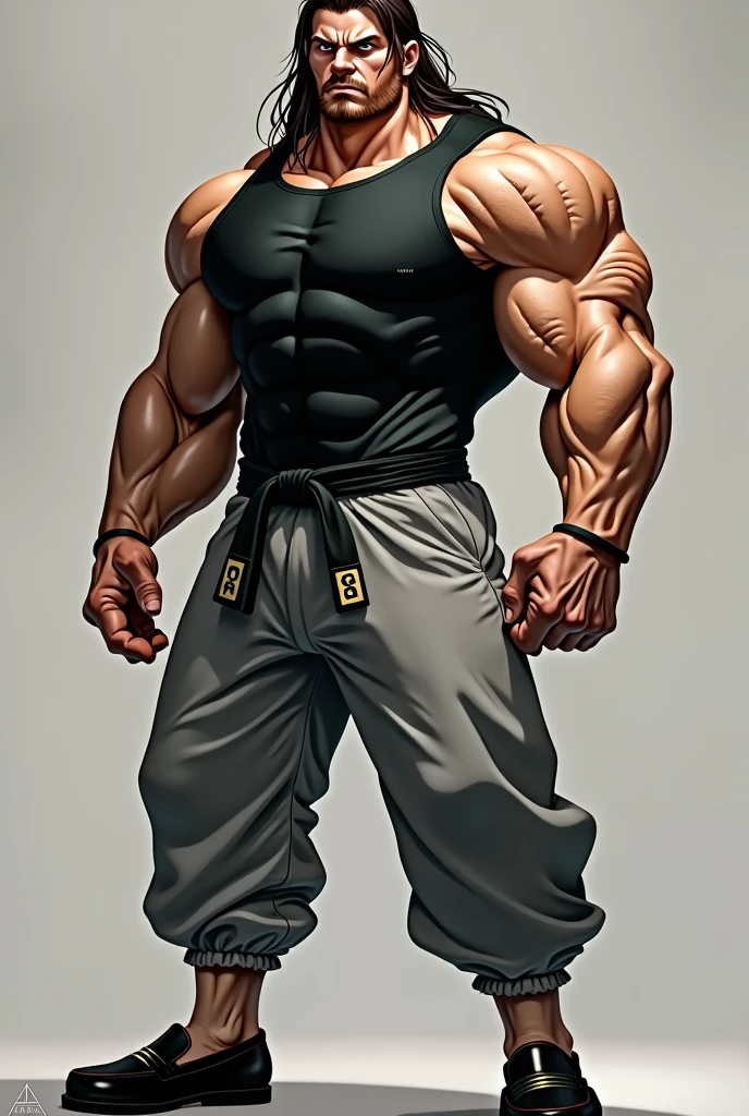 tall, very broad muscular martial artist with long dark-brown hair, he is wearing a black top, grey sweatpants and black loafers