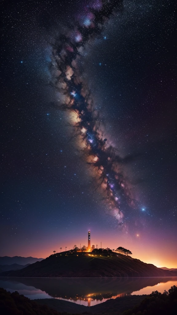 Create an album cover "Cosmic Rhythm" The awe-inspiring beauty of nature and the mystique of the universe come together. Majestic Mountain々meets the vast ocean、Imagine the surreal landscapes of California。, Starry Sky. In the foreground a towering tree々It is depicted, The leaves sparkle like stardust. Use a dark color palette, A rich tone like deep blue, purple, Black, The vivid brightness of celestial bodies stands out. In the sky, Constellations form musical notes and rhythms, Suggesting cosmic influences on music. Surrounded by hills, See the iconic Hollywood sign, Subtly illuminated by the mysterious light of the moon. The scene should evoke a sense of wonder and reflection., The grandeur of California's natural beauty meets the infinite mystery of the universe. Add elements like floating instruments and abstract waveforms that seem to pulse with cosmic energy., Highlight the theme of the album "Cosmic Rhythm."