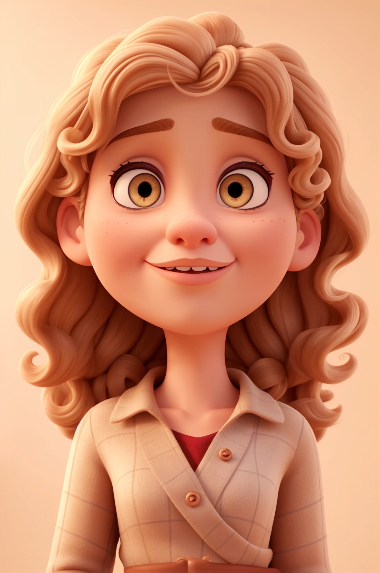 a realistic woman, inspired by Disney Pixar animation, up close. The character is the center of attention with captivating facial expressions, offering a touch of unreality. has brown eyes, curly hair and is blonde. normal clothes, of teacher.