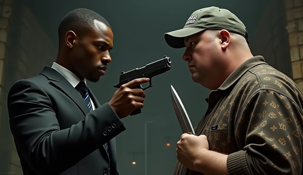 genera: character 1:Dark-skinned man whose clothing is from the brand EMPORIO ARMANI 7, loads a 50 caliber pistol, This man has short African American hair, 29 years. character 2: White skinned man whose clothing is Louis Vuitton, carry a knife, bald and wears a NY brand jockey, 28 years, fat build. The image that is generated with the environment is tense