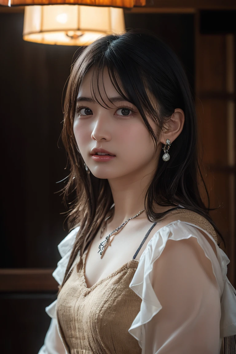 (Highest quality:1.4)，(masterpiece:1.4)，(Realistic:1.4)，(Realistic:1.2)，(超High resolution， RAW Photos:1.4)，(High resolution， Ultra-detailed:1.2)，(8k:1.2)，View your viewers，Cinematic photography，One person，skeletally correct，Black-haired woman，Woman in her early 20s，(Small earrings，necklace，Brown dress with voluminous sleeves)，（Western-style building interior，Dimly lit room，The lamplight shines on my cheeks）