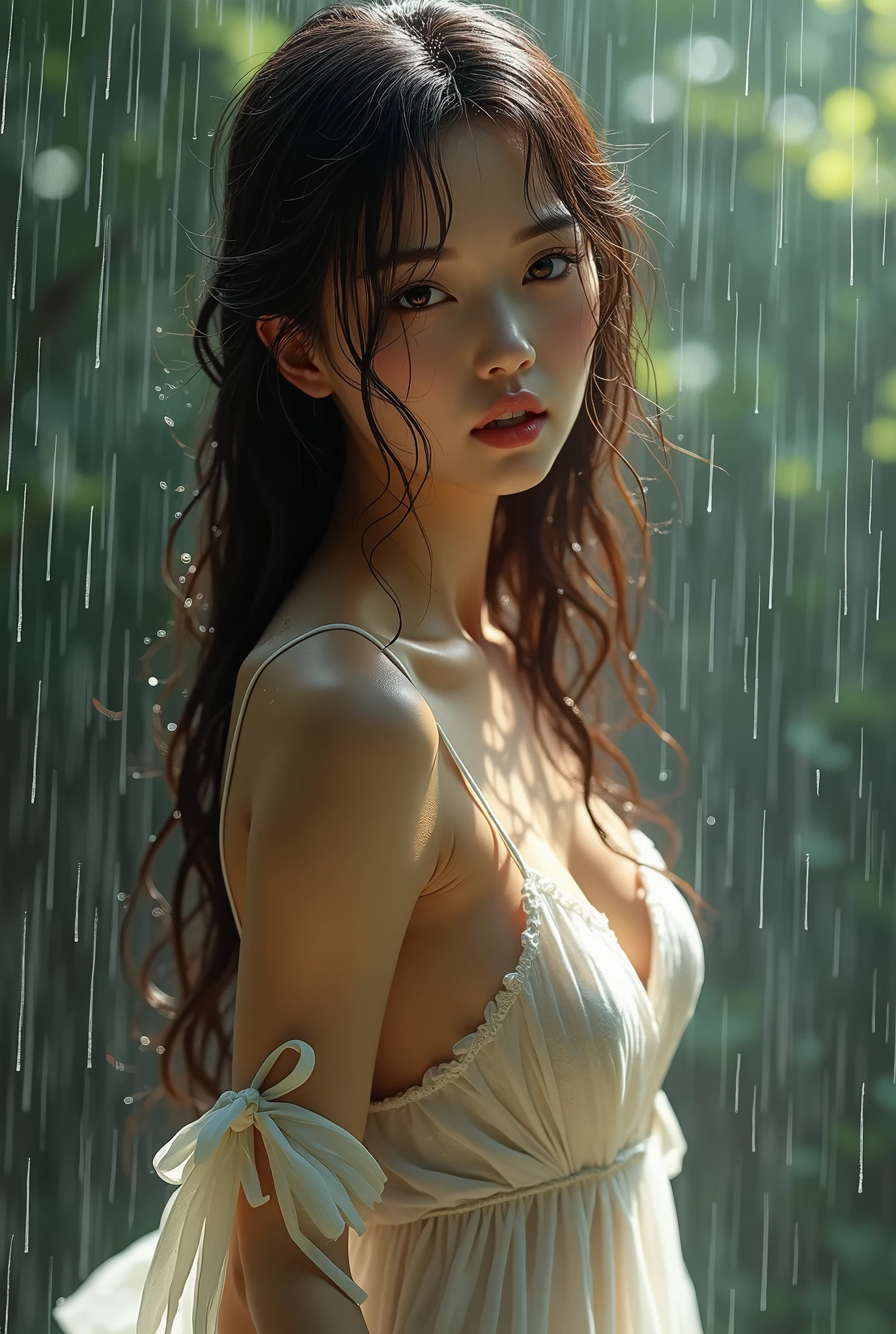 Beautiful woman getting wet in the rain、Asian、Japanese、Beautiful、whole body、Long Hair、Brown Hair、Gal