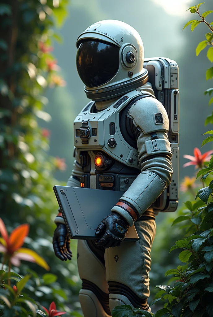 Create a hyper-realistic image of an astronaut in a powerful, contemplative pose. The astronaut must be wearing a detailed spacesuit, with meticulously crafted textures and emphasis on metal parts and material folds. In your hands, he must be holding a futuristic laptop. Lighting should create deep shadows and highlights, highlighting the shape and complexity of both the spacesuit and the computer. Around the astronaut, insert a lush natural environment, with thick green vines and vibrant flowers in the background, gently wrapping parts of the spacesuit.
Add a touch of modernity to the backdrop with an immersive gaming bedroom, visible in the background, where elements such as colored LED lights and an ergonomic chair blend into the natural surroundings. The general atmosphere should be serene and slightly mystical., with soft natural light filtering through the foliage and interacting with the LED lights, giving a touch of life to the astronaut and the environment. The style must maintain detailed realism both in the spacesuit and on the computer., conveying a sense of grandeur and timelessness, while the fourth gamer adds a contemporary and technological dimension to the scene