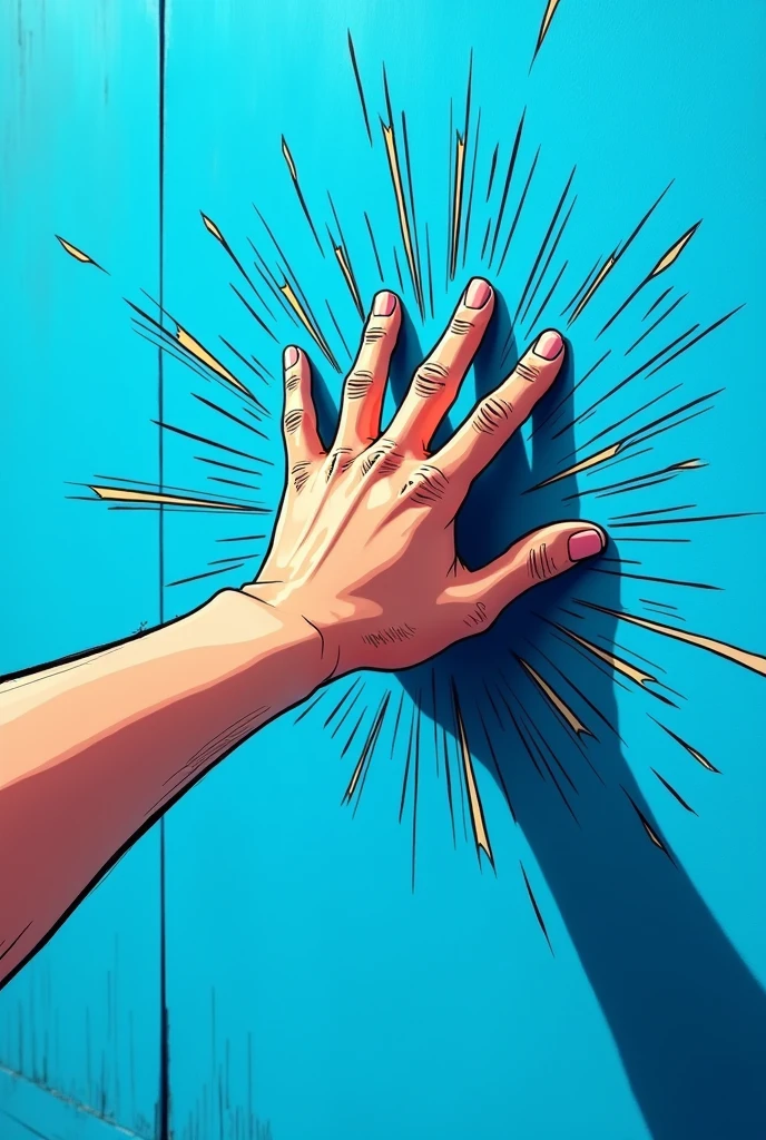 a manga style image, a little hand punches the blue wall.