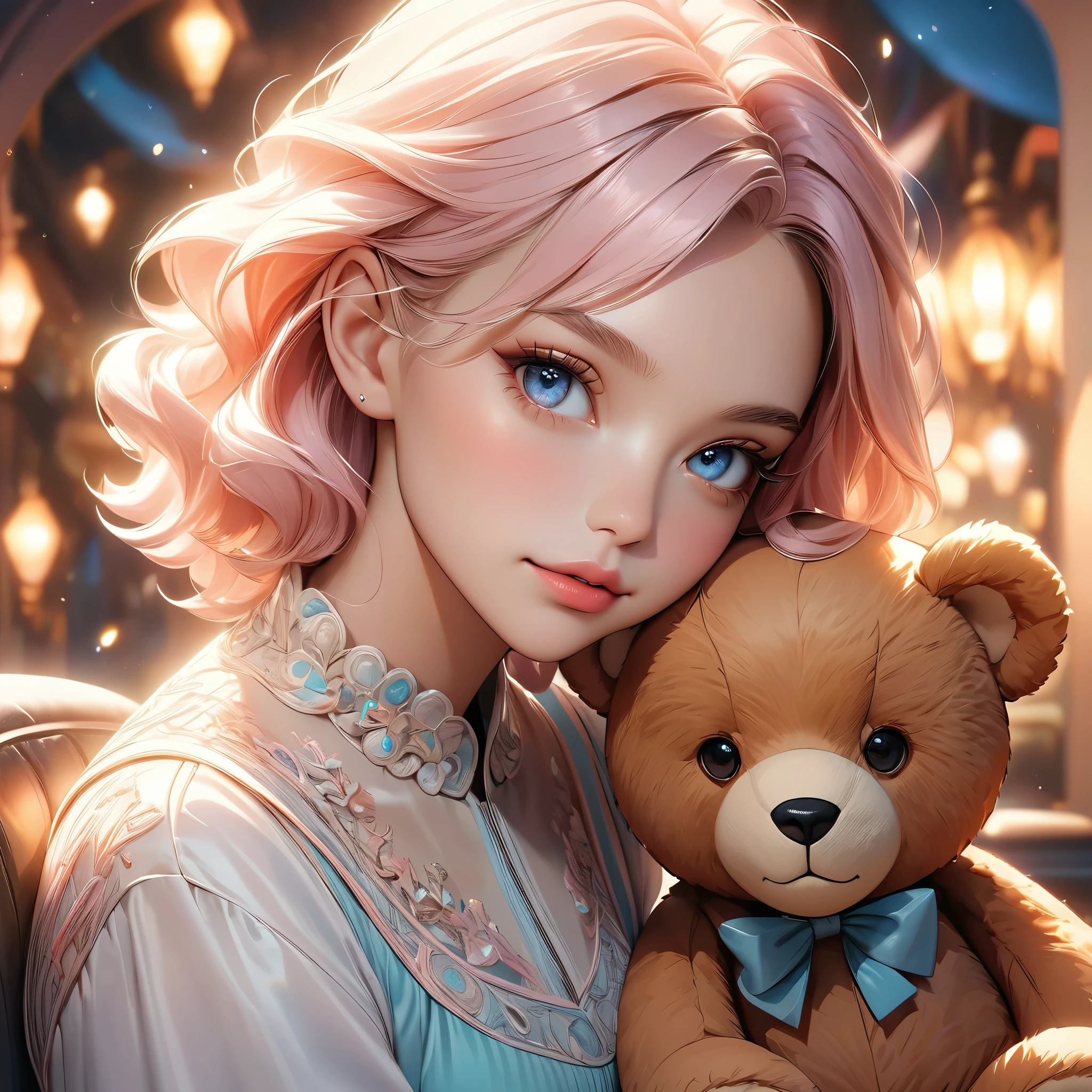 teddy bear plush,1girl,sitting with teddy bear,beautiful detailed eyes,beautiful detailed lips,extremely detailed face,long eyelashes,cute expression,soft warm lighting,warm pastel colors,elegant,whimsical,dreamy,intricate details,high quality,8k,photorealistic,cinematic,masterpiece,digital art