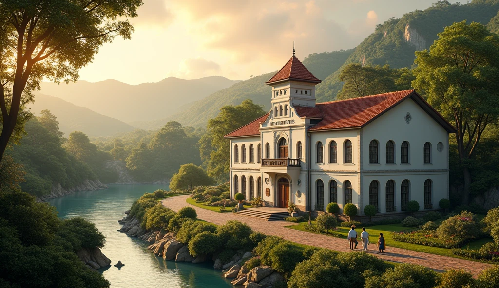 A cinematic stalishing shot of a steam punk movie. The iamage shows the Santa Eduviges hospital nestled gracefully within a lush, green valley surrounded by rolling hills and dense forests. The hospital features elegant, white colonial architecture with red-tiled roofs and large arched windows, exuding a sense of warmth and tradition. Over the entrance a sign reads "Hospital Santa Eduviges". A tranquil river winds gently beside the hospital, reflecting the golden hues of a breathtaking sunrise that bathes the entire landscape in soft, warm light. Patients and staff are seen strolling through beautifully landscaped gardens filled with colorful flowers and tall, shady trees. The sky above is clear with subtle pastel colors, adding to the peaceful and restorative ambiance of the scene. Steam Punk.