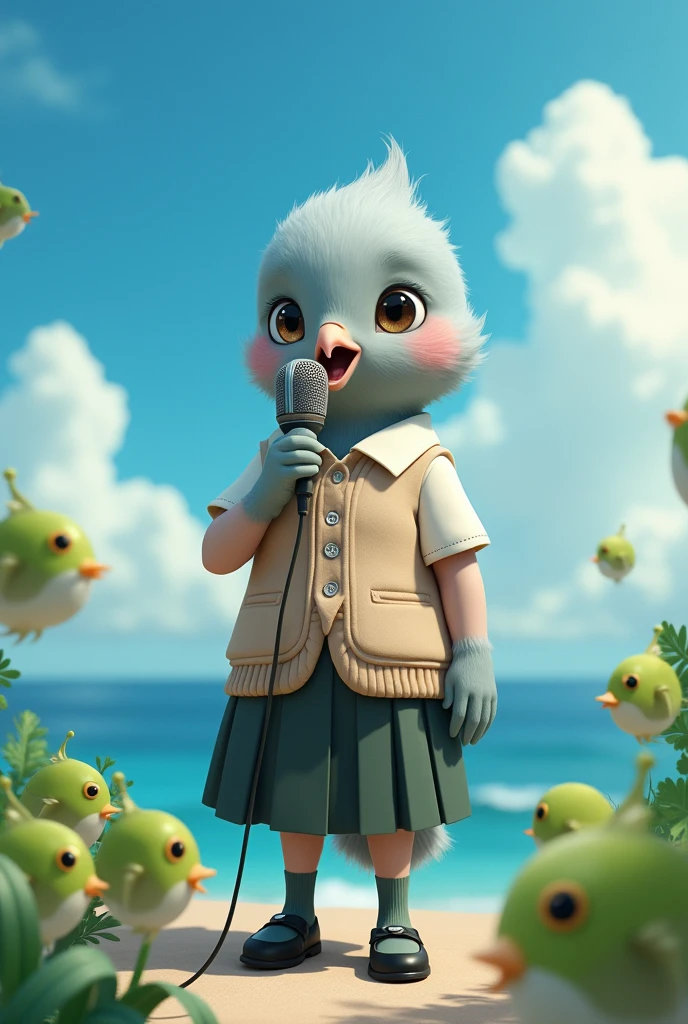 ((Highest quality)), ((masterpiece)), (photograph:1.6), (front), photorealistic, portrait, Singing into a microphone surrounded by green puffer fish。 Big cute eyes, human expression。A small grey female pigeon with a head slightly larger than its body, Off-white short-sleeved collared shirt with a light brown vest that was closed at the front、A knee-length black skirt with dark green socks and black shoes、Clear blue sky and ocean views, 