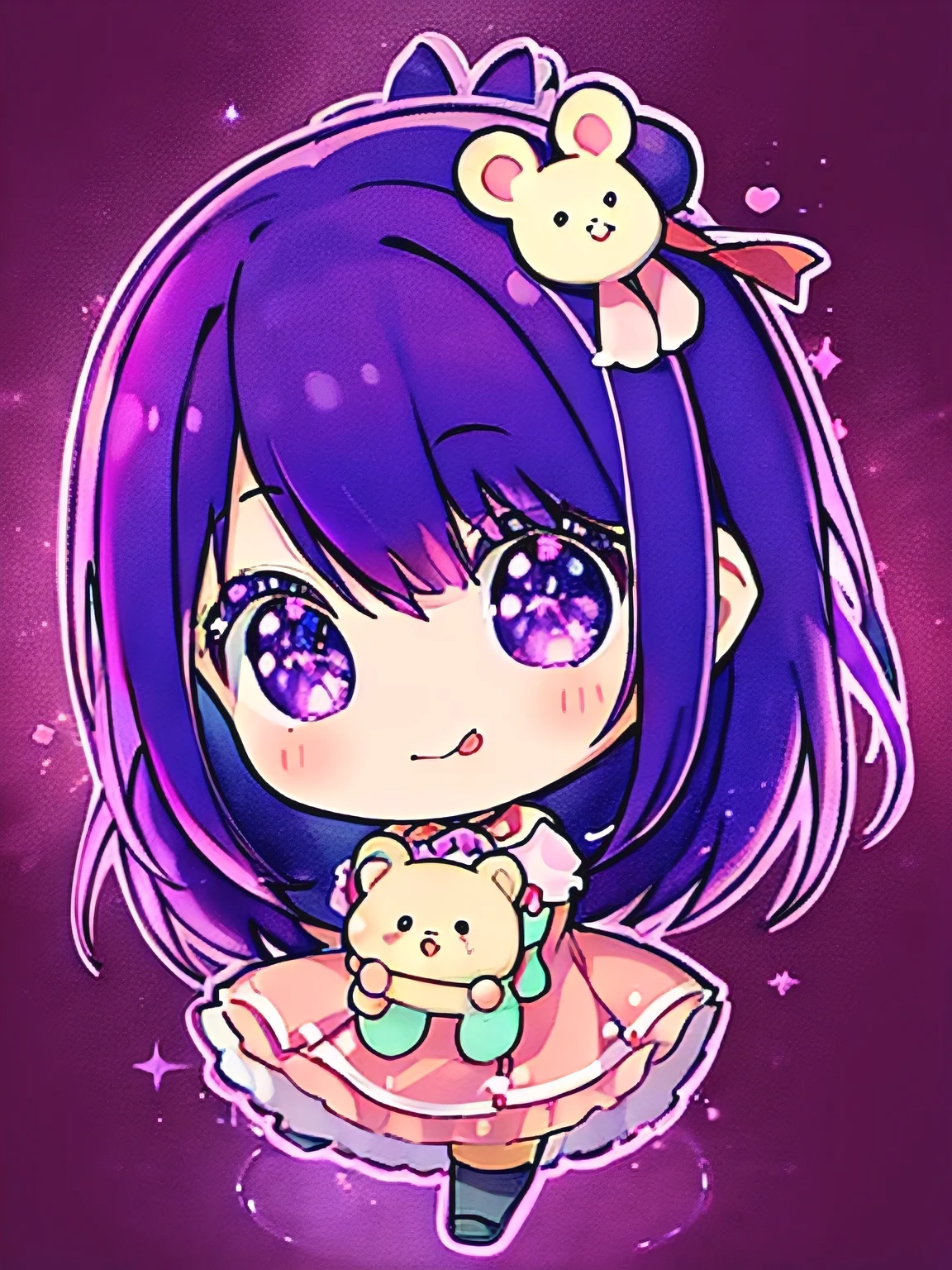 1girl, illustration, Hoshino Ai, Hoshino Ai wearing a very cute stuffed teddy bear, tongue out, tongue, (purple hair:1.2), purple eyes, smile, symbol-shaped pupils, star-shaped pupils, hair ornament, hands up, A very cute stuffed brown bear, (Photorealism, Super detailed), ((masterpiece, best quality, high resolution))