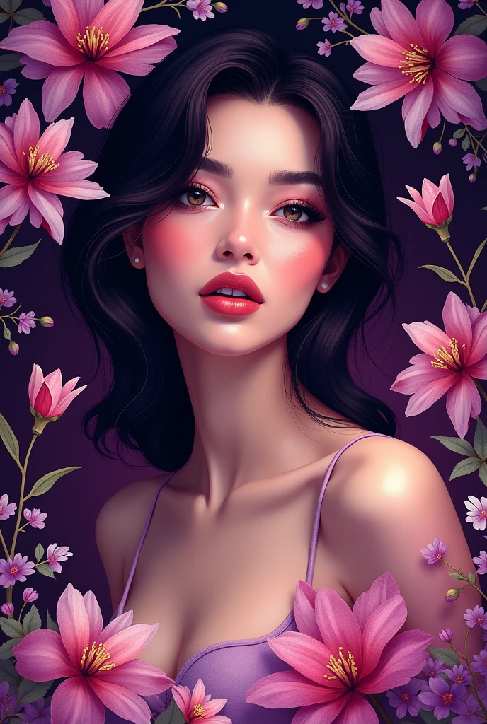 Create me a poster of a creative and attractive woman for launching new perfume in the market. The background needs to be dark hot pink and flowery