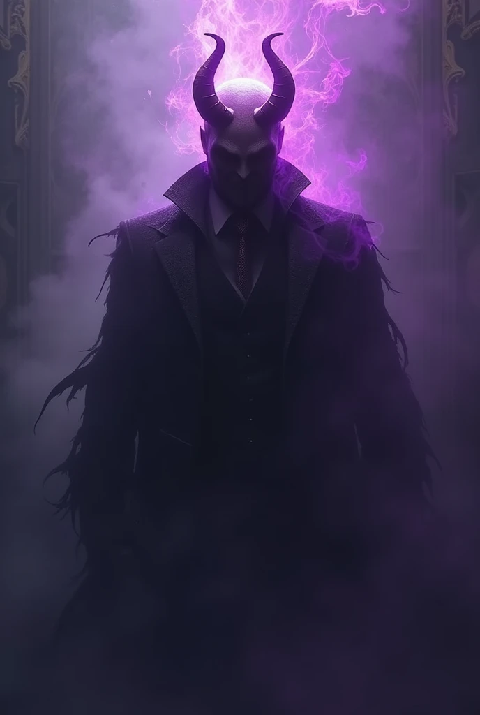 scary looking mafia boss guy, no face, with a dark purple aura, and a devil's horn on fire flowing along with the aura, make it phantomic and scary