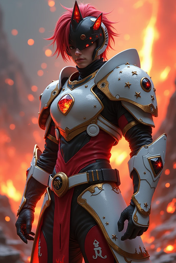 Male age 20, red short hair, moto black and white helmet, pins red crest on helmet, black stone with lava glowing on the chest, white Plate armor, armor breastplate with a pair four-pointed red stars, a gold belt buckle with a letter R, red leotard, plate belt, plate wristband, armor boots with red flames, cyberpunk japanese style, athletic, magic powers, action, black cat nails, battle pose, volcano backgroud, full body