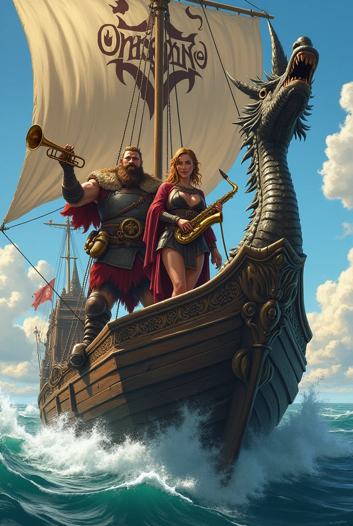 Viking homme femme qui font de la musique sur un drakkar, trompette saxophone clarinette avec un drapeau « dragonne 14 »