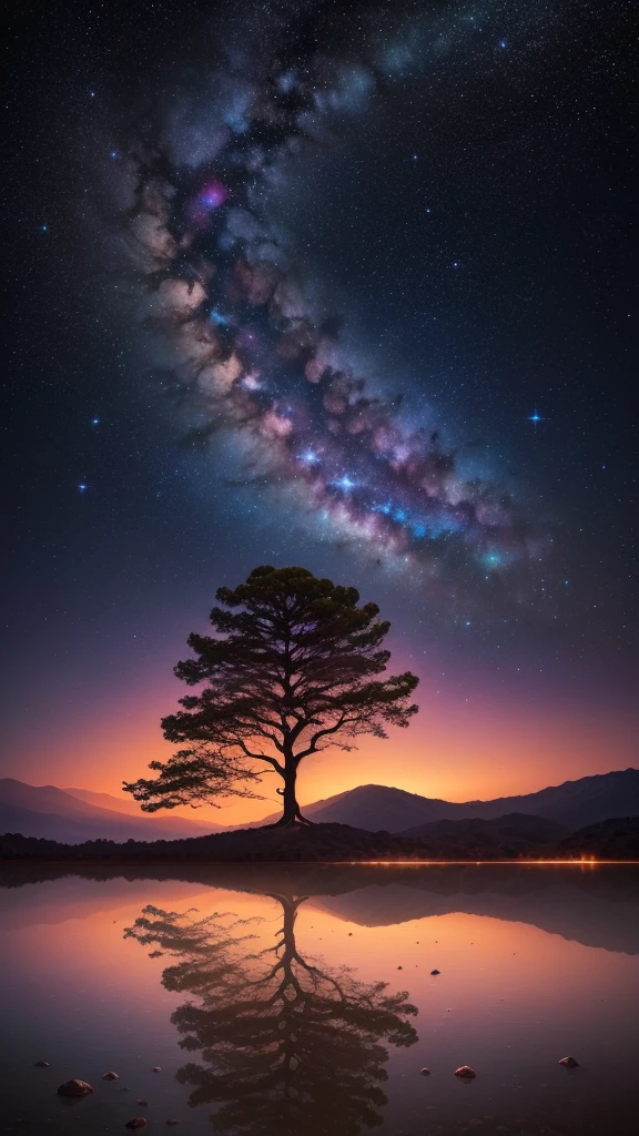 Create an album cover "Cosmic Rhythm" The awe-inspiring beauty of nature and the mystique of the universe come together. Majestic Mountain々meets the vast ocean、Imagine the surreal landscapes of California。, Starry Sky. In the foreground a towering tree々It is depicted, The leaves sparkle like stardust. Use a dark color palette, A rich tone like deep blue, purple, Black, The vivid brightness of celestial bodies stands out. In the sky, Constellations form musical notes and rhythms, Suggesting cosmic influences on music. Surrounded by hills, See the iconic Hollywood sign, Subtly illuminated by the mysterious light of the moon. The scene should evoke a sense of wonder and reflection., The grandeur of California&#39;s natural beauty meets the infinite mystery of the universe. Add elements like floating instruments and abstract waveforms that seem to pulse with cosmic energy., Highlight the theme of the album "Cosmic Rhythm."16K, Ultra-high resolution, Ultra-high resolution, to be born,wonderful ,future、Iridescent、The world 30 years from now