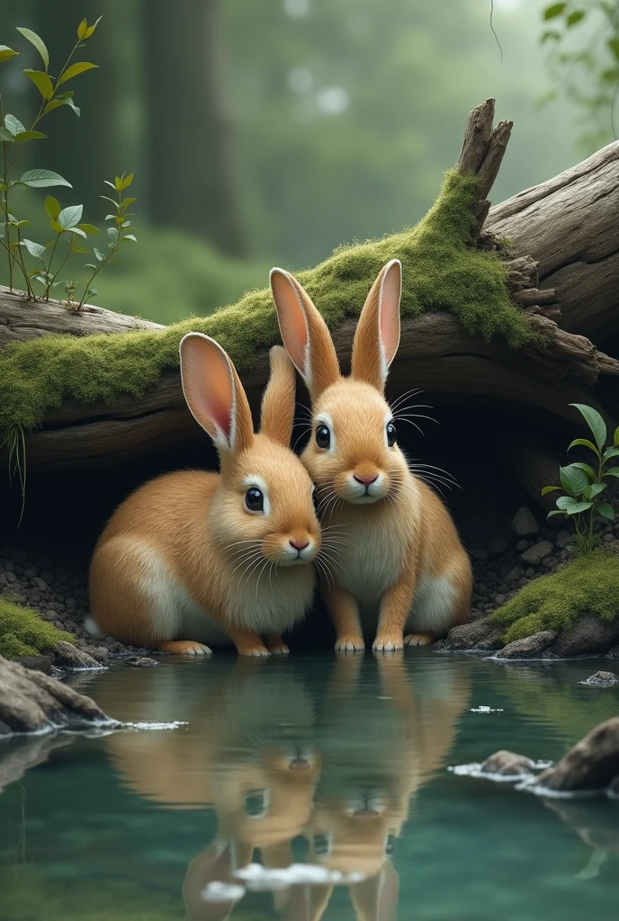 Two rabbits are sheltering in the water on the slope of a broken tree