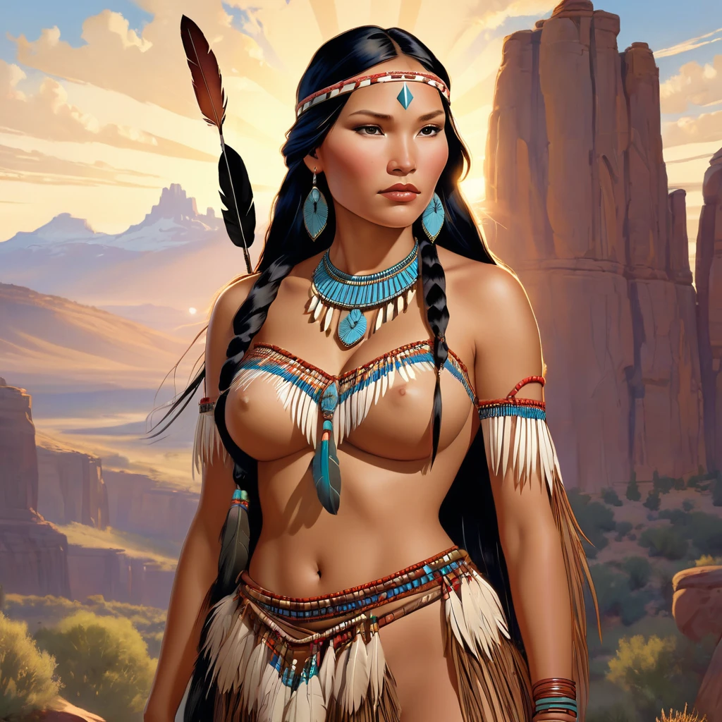 Portrait of Marie Avgelpolous as Pocahontas, Beautiful young Native American woman, Perfectly symmetrical face, Indigenous Feather Jewelry, Traditional handmade dresses((Big Breasts,Huge breasts,,Sexy cleavage,pointed chest)), Butt((You can see the crack of the buttocks))Armed Female Hunter Warrior, (((The pioneering days of America）Western Region))) environment, Utah Landscape, Ultra-photorealism, Concept Art, elegant, ((Complex)), ((Very detailed)), Depth of written boundary, ((Professional Color Grading)), Gentle indirect lighting, evening, 8k, Artgerm,Greg Rutkowski,Art by Alphonse Mucha
