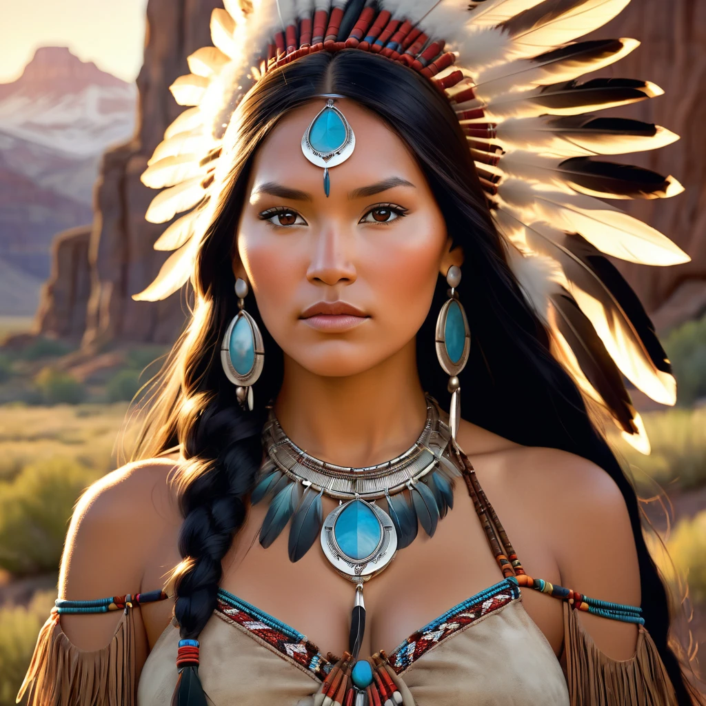 Portrait of Marie Avgelpolous as Pocahontas, Beautiful young Native American woman, Perfectly symmetrical face, Indigenous Feather Jewelry, Traditional handmade dresses((Big Breasts,Huge breasts,,Sexy cleavage,pointed chest)), Butt((You can see the crack of the buttocks))Armed Female Hunter Warrior, (((The pioneering days of America）Western Region))) environment, Utah Landscape, Ultra-photorealism, Concept Art, elegant, ((Complex)), ((Very detailed)), Depth of written boundary, ((Professional Color Grading)), Gentle indirect lighting, evening, 8k, Artgerm,Greg Rutkowski,Art by Alphonse Mucha
