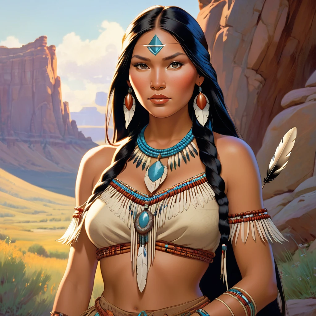 Portrait of Marie Avgelpolous as Pocahontas, Beautiful young Native American woman, Perfectly symmetrical face, Indigenous Feather Jewelry, Traditional handmade dresses((Big Breasts,Huge breasts,,Sexy cleavage,pointed chest)), Butt((You can see the crack of the buttocks))Armed Female Hunter Warrior, (((The pioneering days of America)Western Region))) environment, Utah Landscape, Ultra-photorealism, Concept Art, elegant, ((Complex)), ((Very detailed)), Depth of written boundary, ((Professional Color Grading)), Gentle indirect lighting, evening, 8k, Artgerm,Greg Rutkowski,Art by Alphonse Mucha
