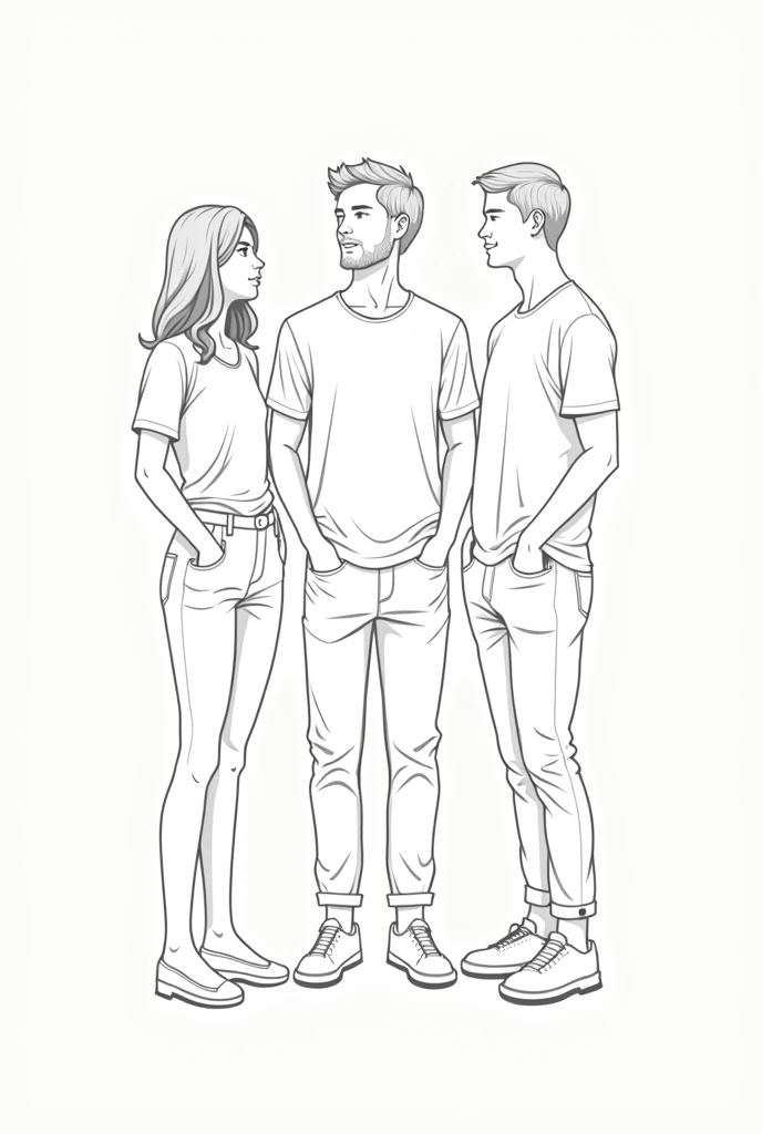 lineart of 3 peolple side by side, one female, two male, dressed informally, standing straig but with a relaxing pose, separater one from another (not touching each other)