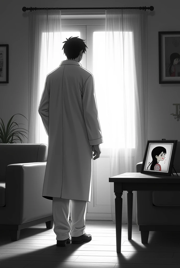 An adult man stands with his back turned, wearing a scientist outfit, is leaving a room through an open door. On a table in the living room, there is only a small picture frame with a picture of a child who is a beautiful , very happy, she is smiling and showing her teeth and with her eyes closed, she has long dark hair. The scientist is not looking at the picture, just walking away through the living room door, while the reader can see both, the scientist and the picture frame. The image must be in anime style/Black and white manga